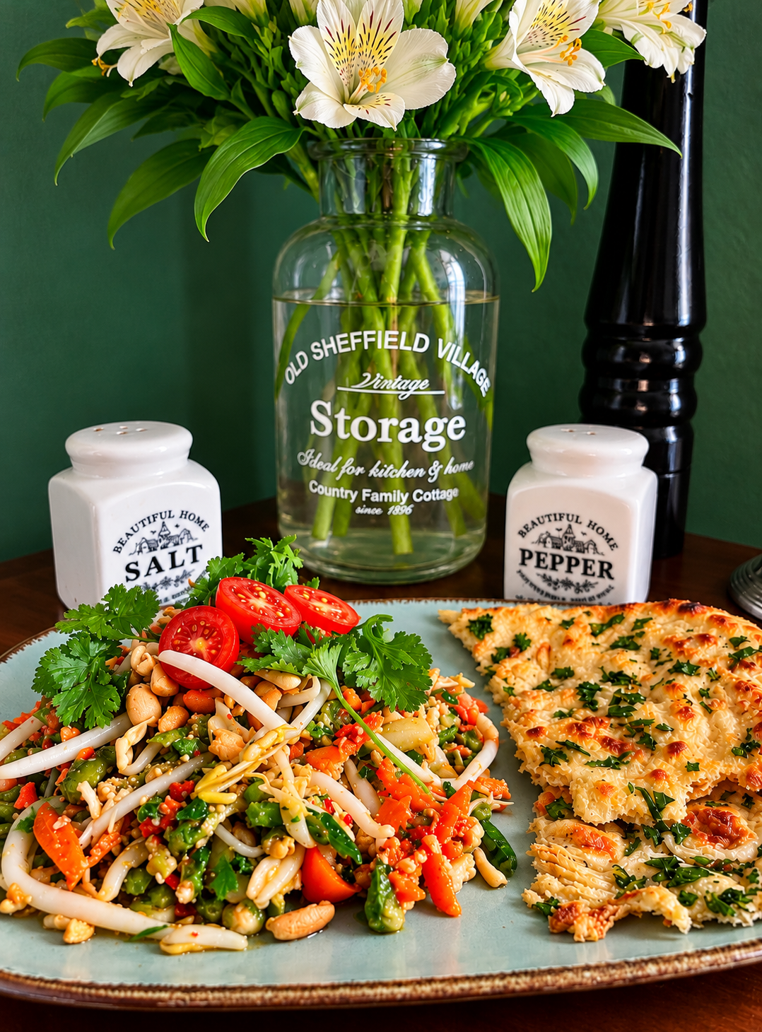 Vegan Indonesian Karedok salad with bean sprouts, carrots, cucumber, green beans, roasted peanuts, cherry tomatoes and fresh coriander, served with golden herb flatbread on a pale green ceramic plate.