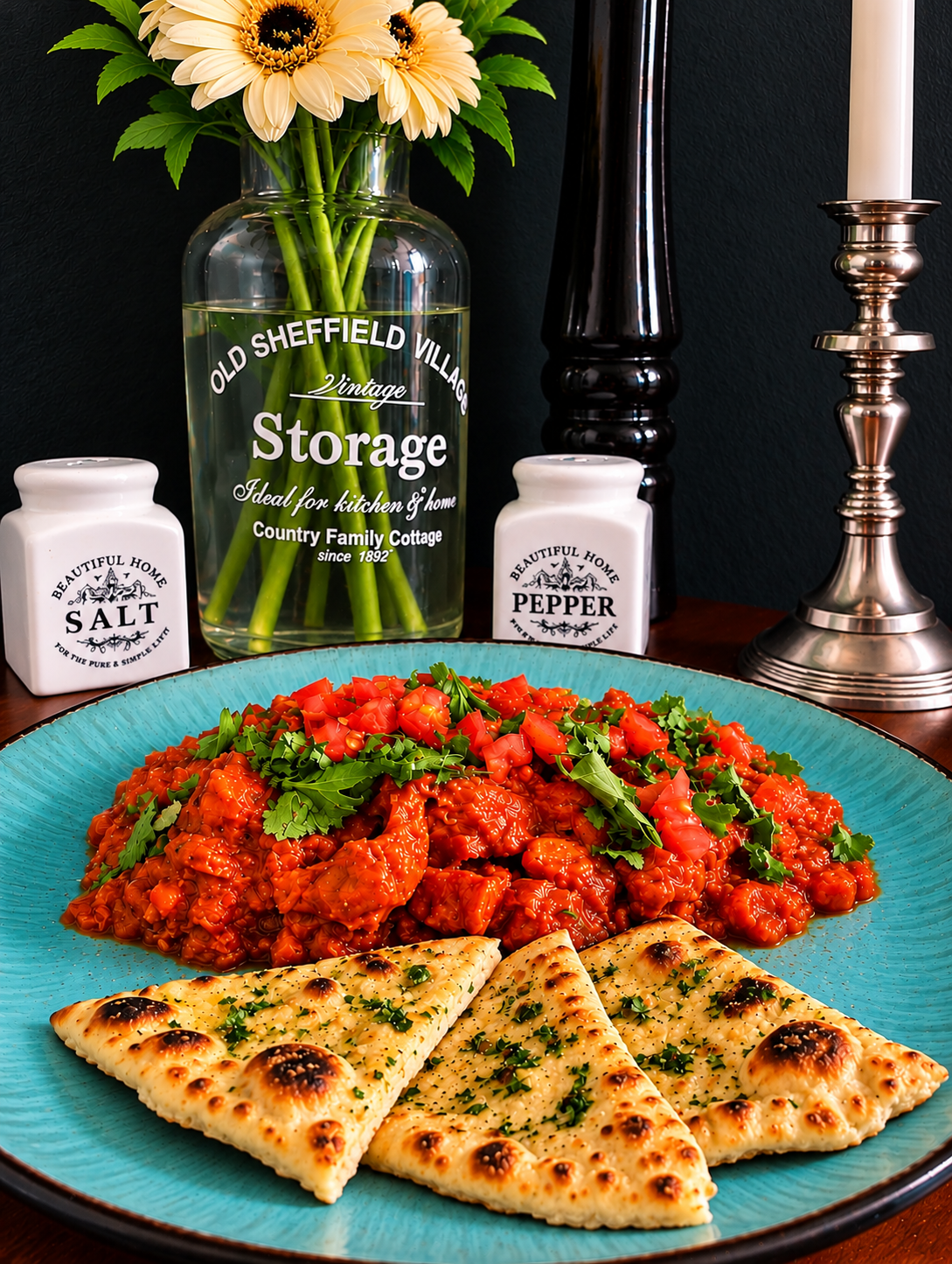 Vegan Kerala Beef Ularthiyathu with plant-based beef pieces in a rich red tomato-coconut sauce, topped with fresh tomatoes and coriander, served with golden garlic flatbread on a turquoise plate.