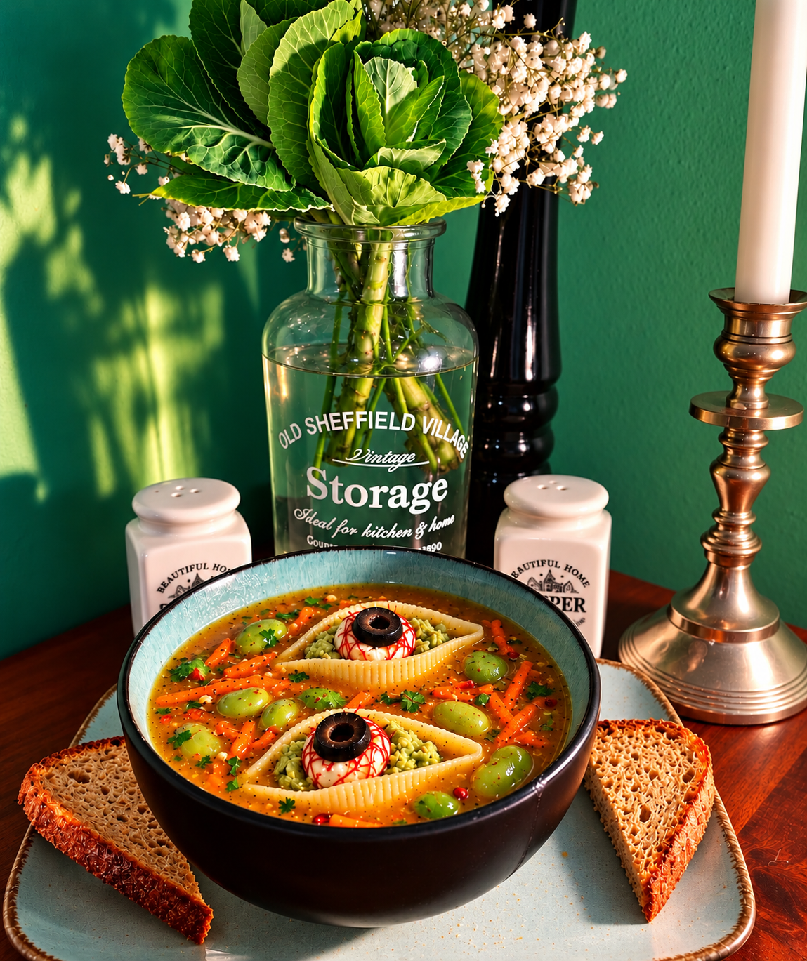 Vegan Maltese Kusksu bil-Ful broad bean soup with carrots, potatoes, rosemary and tomato broth, decorated with giant conchiglioni pasta shells holding Halloween eyeballs made from vegan mozzarella, black olives and chili threads.