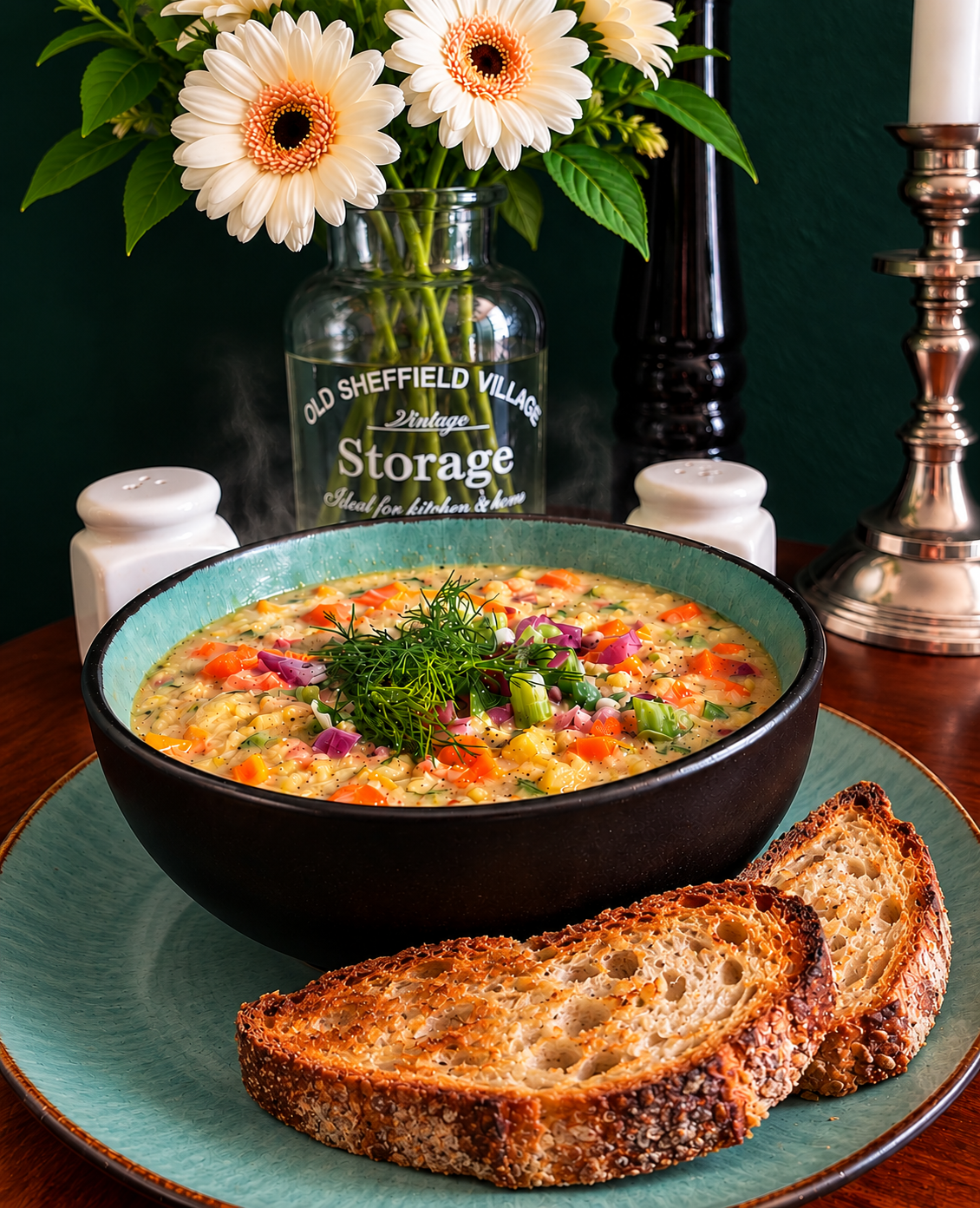Vegan Finnish Lohikeitto with homemade smoky carrot lox, tender potatoes, leek, carrots and fresh dill in a creamy oat-based broth.