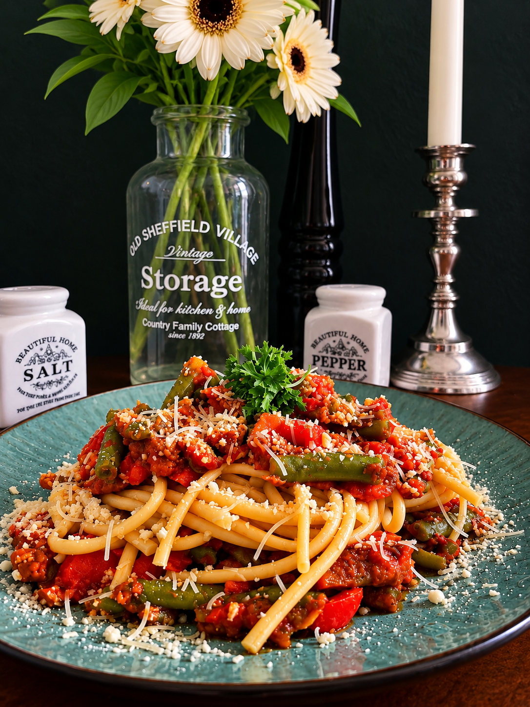 Vegan Mongolian Tsuivan-inspired udon noodles with tomato sauce, green beans, red bell pepper, plant-based beef strips, fresh parsley and grated vegan cheese on a turquoise ceramic plate.
