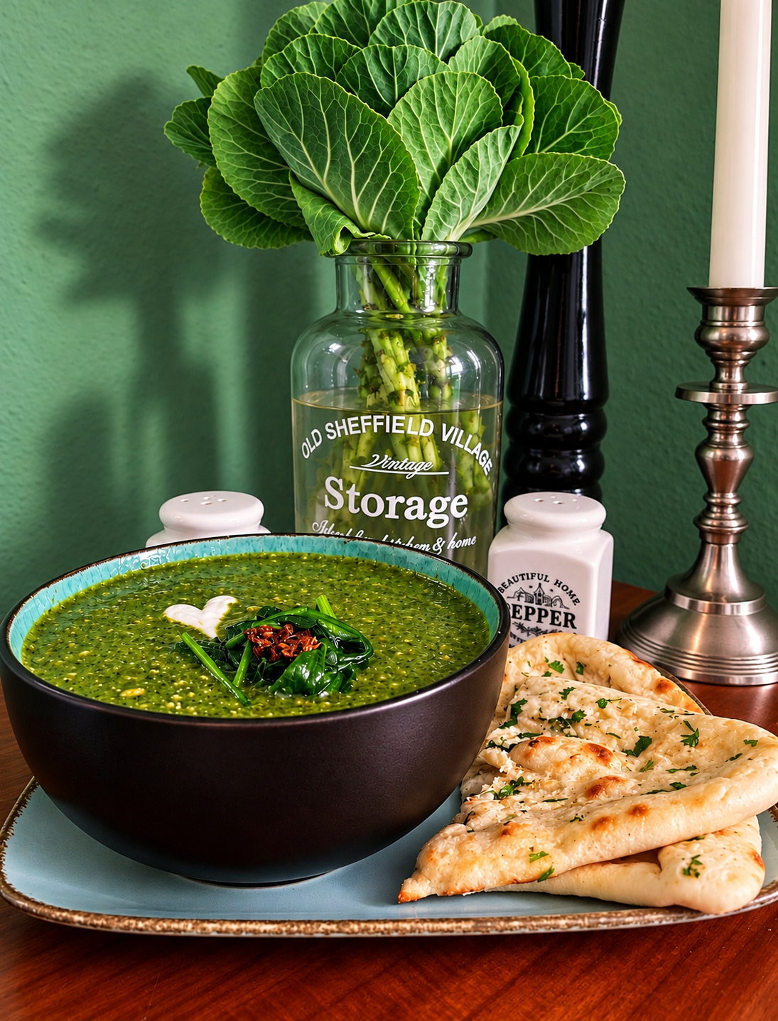 Vegan Palak Shorba, a vibrant green Indian spinach soup in a dark bowl with a turquoise rim, topped with cumin-garlic tadka, wilted spinach and vegan sour cream, served with golden homemade garlic naan on a ceramic tray.