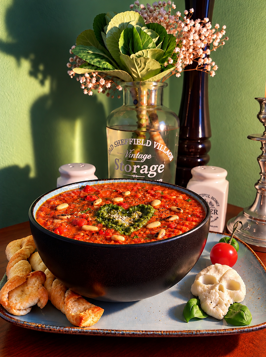 Vegan Italian Pappa al Pomodoro served in a black bowl, topped with a green basil pesto heart and pine nuts, accompanied by a handmade vegan mozzarella skull, cherry tomatoes and golden braided pastry twists for a creative Halloween presentation.