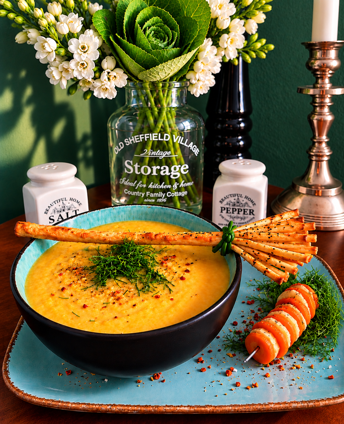 Creamy vegan Finnish carrot and parsnip soup topped with fresh dill, served with a golden pizza dough witch's broom and a carrot-parsnip vegetable skewer on a turquoise plate.