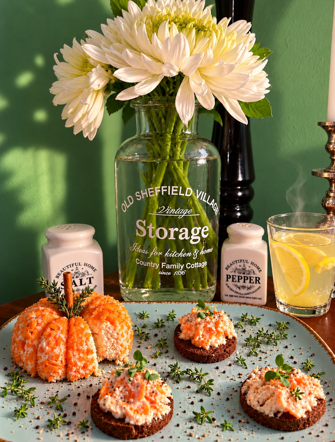 Homemade vegan cashew cream cheese shaped like a small orange pumpkin and coated with finely grated carrots, decorated with a pretzel-stick stem and fresh thyme, served on a turquoise plate with pumpernickel bites and a steaming lemon drink.