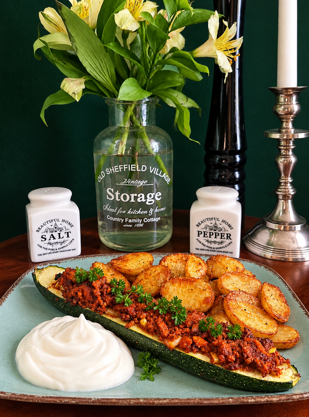Bosnian-inspired vegan Punjene Tikvice with a zucchini boat filled with tomato soy mince, served with crispy golden roasted potatoes, vegan sour cream and fresh parsley on a turquoise plate.