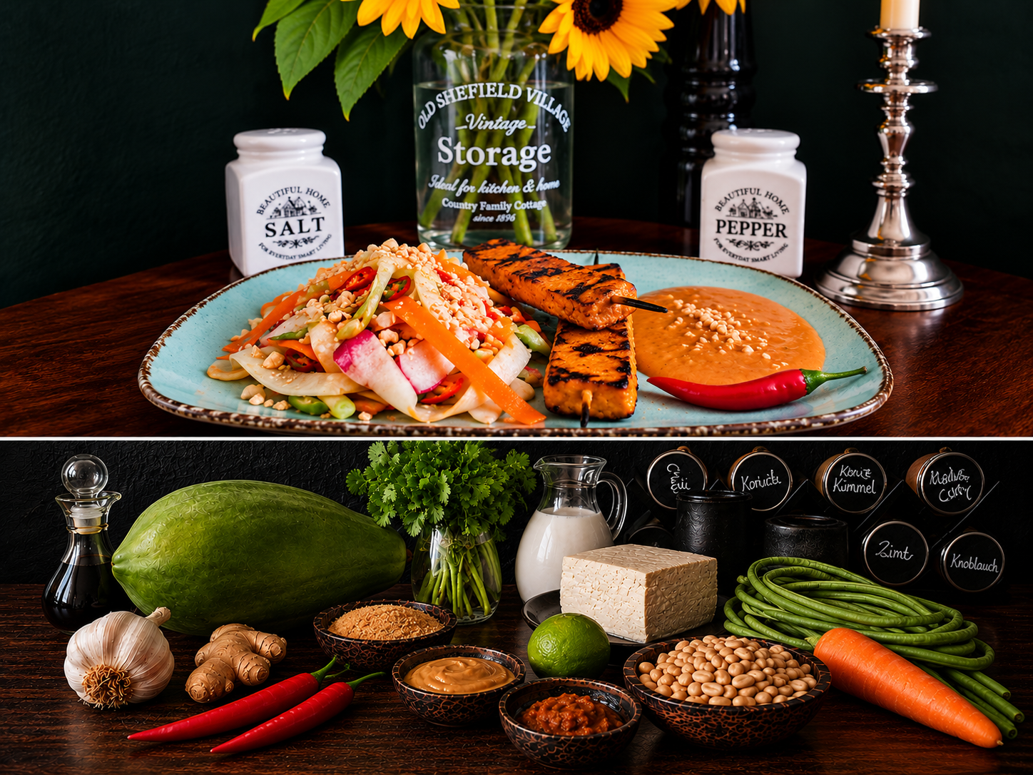 Vegan Som Tam with Tofu Satay and Peanut Sauce, featuring crunchy green papaya and carrot salad, golden pan-fried tofu skewers, roasted peanuts and a red chili on a rustic ceramic plate.