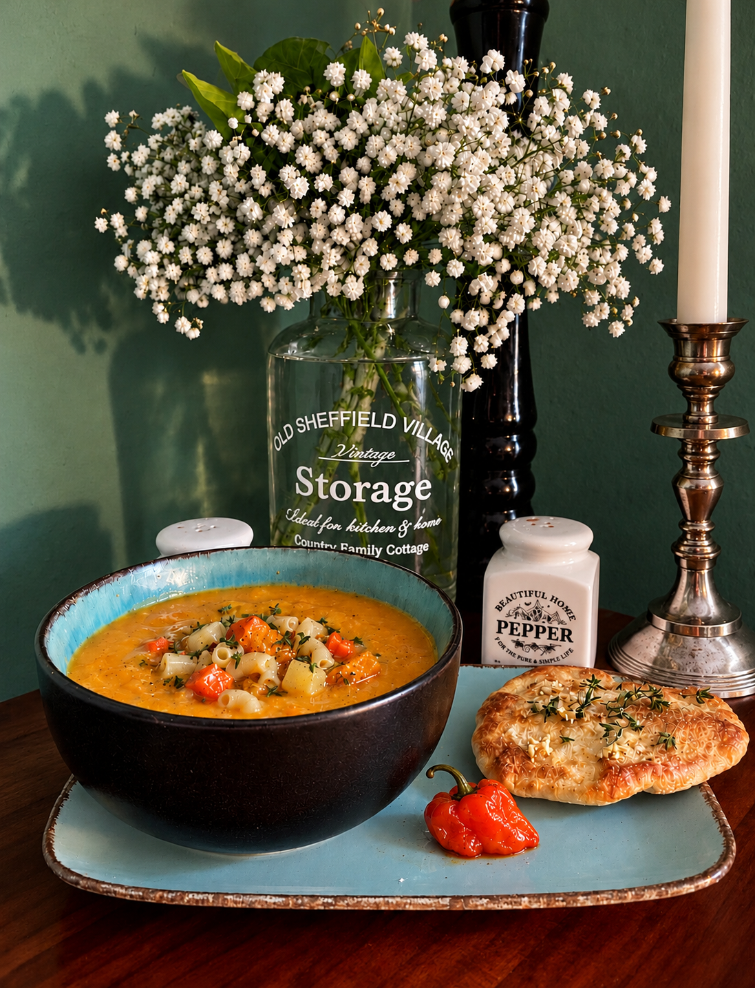 Vegan Haitian Soup Joumou with golden butternut squash broth, carrots, potatoes, white cabbage, macaroni and fresh parsley, served with crusty bread and flavored with a whole Scotch Bonnet chili.