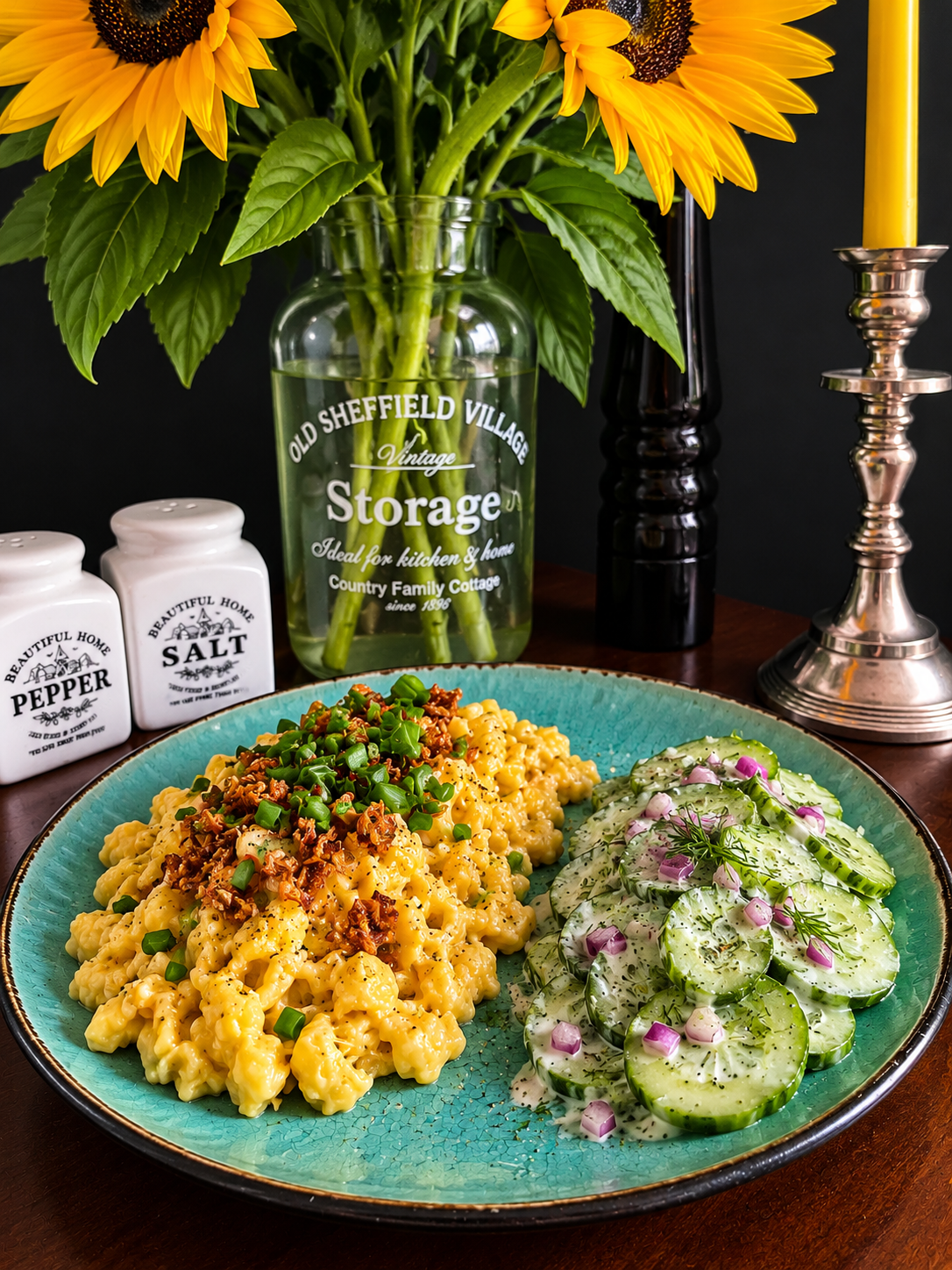Homemade vegan Swiss Chäschnöpfli with creamy melted plant-based cheddar, golden egg-free Knöpfli and fresh chopped chives, served alongside a refreshing cucumber dill salad with soy yogurt, red onion and green cucumber-peel dressing.