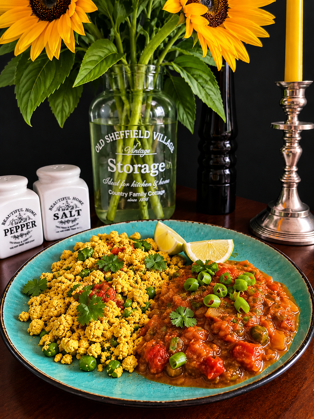 Vegan Trinidadian Tomato Choka with creamy golden tofu scramble, green peas, fresh coriander, spring onions and lime wedges, served on a turquoise ceramic plate.