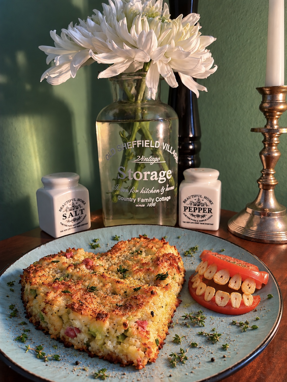 Heart-shaped vegan Andorran Trinxat made with potatoes, savoy cabbage and vegan ham, baked until golden and crispy, served with Halloween tomato dentures featuring roasted garlic chip teeth on a blue ceramic plate.