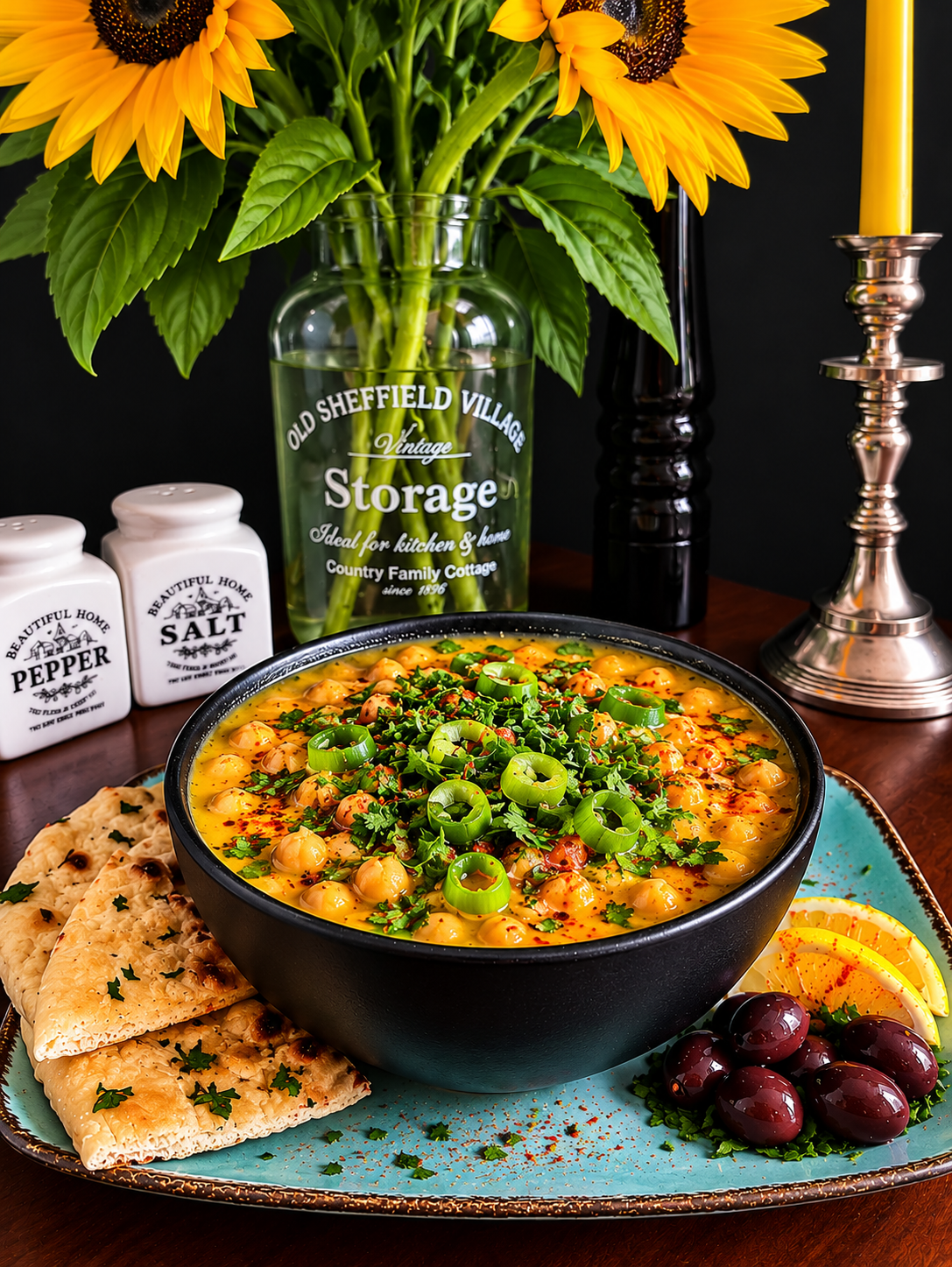 Vegan Tunisian Lablabi, a golden chickpea and harissa soup topped with sliced green spring onions, fresh coriander and red chili flakes, served in a black bowl with flatbread, black olives and lemon wedges on a turquoise ceramic plate.