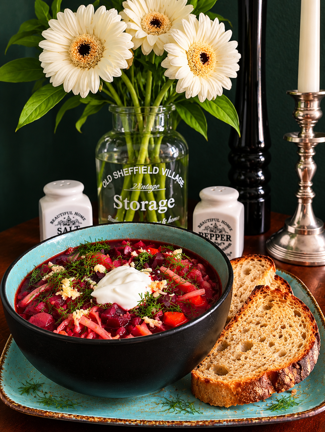 Vegan Ukrainian Borscht with beetroot, cabbage, potatoes, carrots, fresh dill, garlic and a swirl of plant-based sour cream in a black bowl with a turquoise rim, served with crispy rustic rye bread on a turquoise plate.