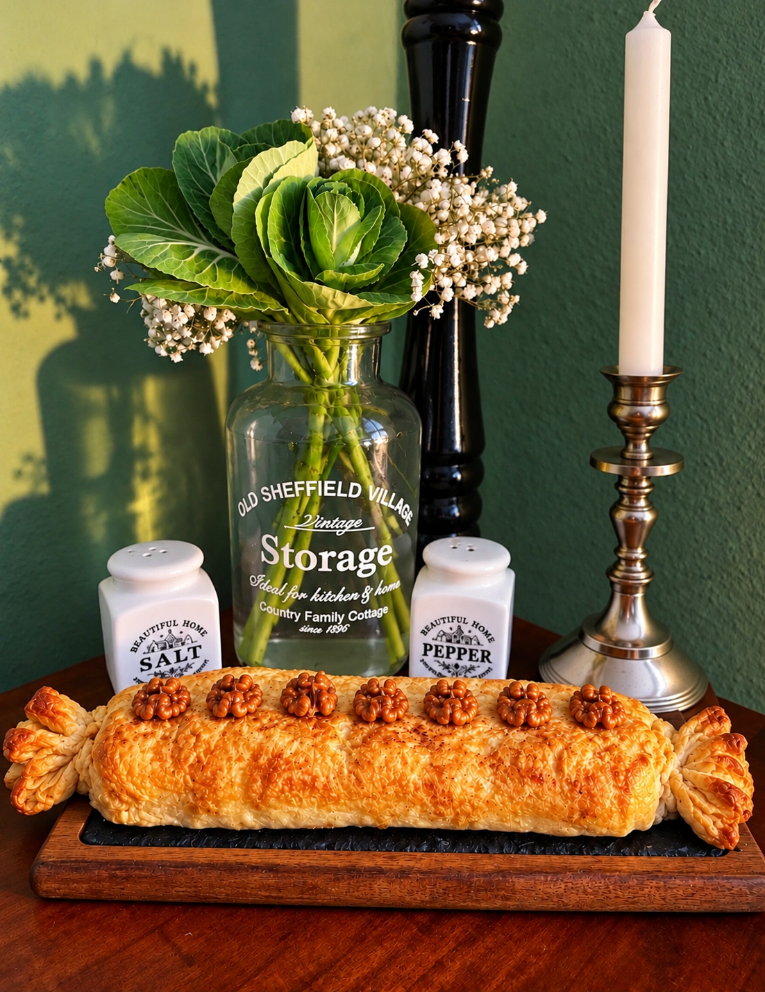 Golden vegan Croatian Bučnica pumpkin strudel shaped like a giant Halloween candy, with twisted puff pastry ends and caramelized walnut halves.